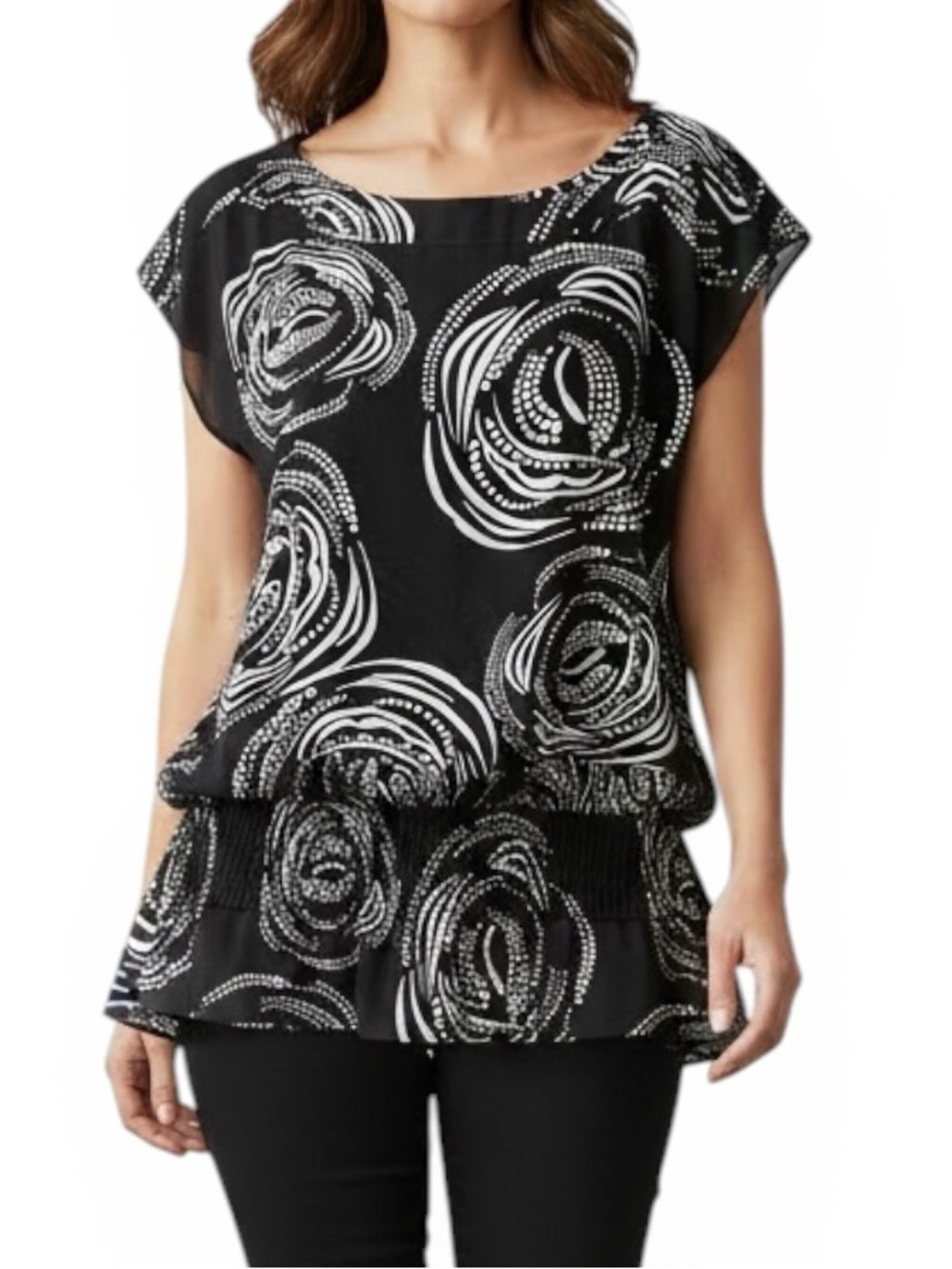 White House Black Market Women's‎ S Black/White Floral Chiffon Tunic Blouse